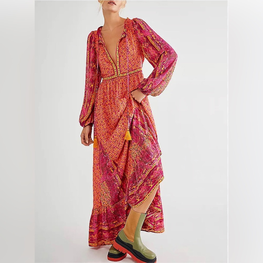 FREE PEOPLE  Happy Feeling Maxi Vibrant Pink & Orange Long Sleeve Dress Size S - Picture 4 of 16